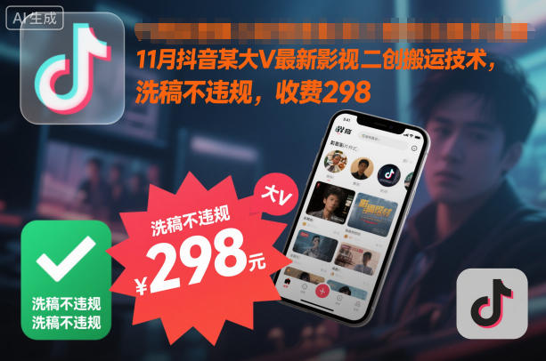 11月抖音某大V最新影视二创搬运技术,洗稿不违规,收费298-喜学网