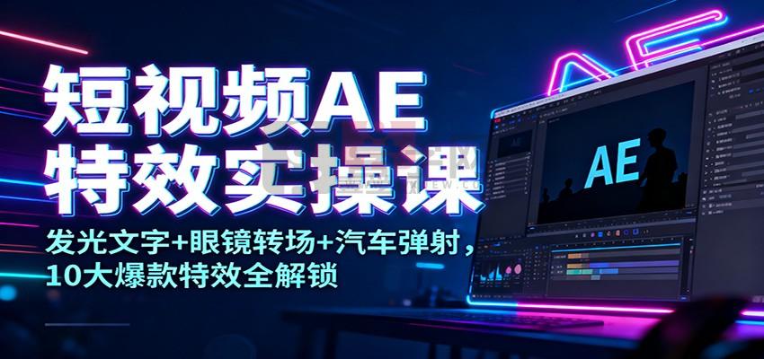 短视频AE特效实操课：发光文字+眼镜转场+汽车弹射，10大爆款特效全解锁-喜学网