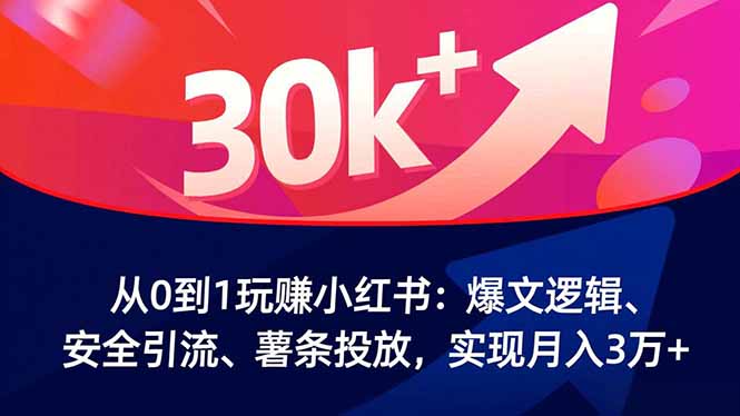 从0到1玩赚小红书：爆文逻辑、安全引流、薯条投放，实现月入3万+-喜学网