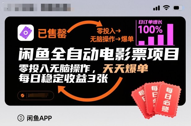 闲鱼全自动电影票项目，零投入无脑操作，天天爆单，每日稳定收益3张【揭秘】-喜学网