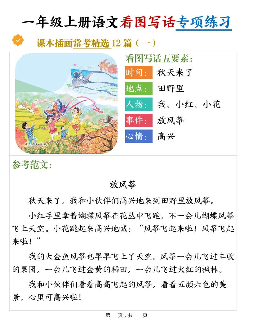 新一上语文看图写话专项练习常考精选12篇（含范文24页）-喜学网
