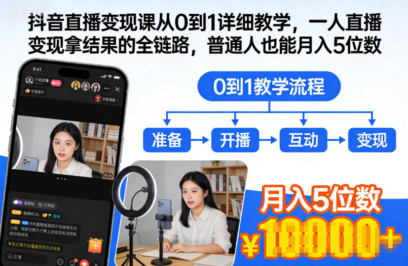 抖音直播变现课从0到1详细教学，一人直播变现拿结果的全链路，普通人也能月入5位数-喜学网