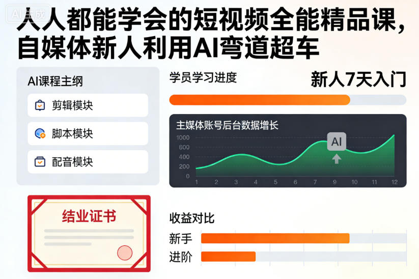 人人都能学会的短视频全能精品课，自媒体新人利用AI弯道超车-喜学网