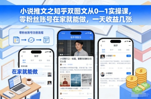 小说推文之知乎双图文从0—1实操课，零粉丝账号在家就能做，一天收益几张-喜学网