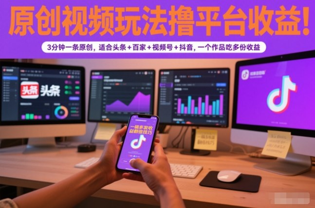 原创视频玩法撸平台收益，3分钟一条原创，适合头条+百家+视频号+抖音，一个作品吃多份收益-喜学网