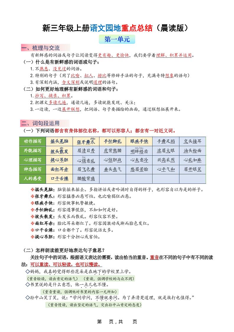 新三上语文1-8单元语文园地重点总结（晨读晚练）20页-喜学网
