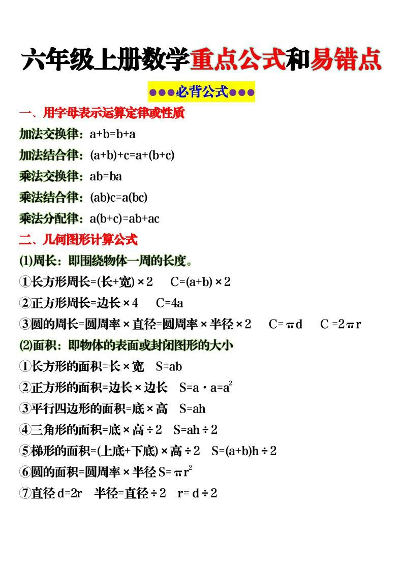 六上数学重点公式和易错点6页-喜学网