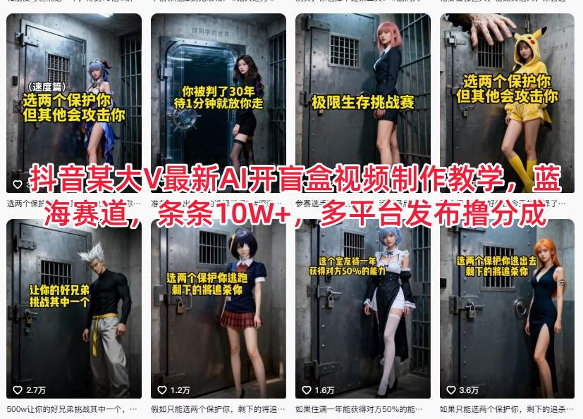 抖音某大V最新AI开盲盒视频制作教学，蓝海赛道，条条10W+，多平台发布撸分成-喜学网