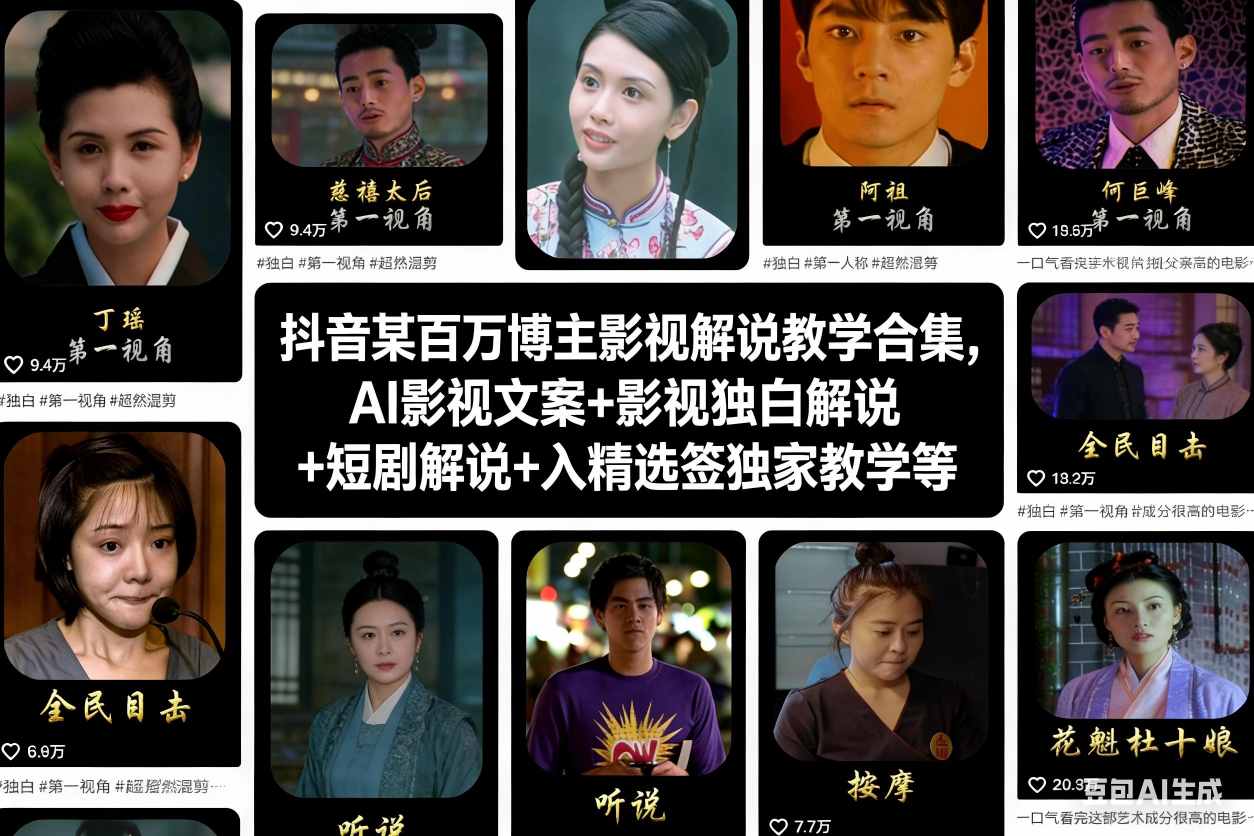 抖音某百万博主影视解说教学合集，AI影视文案+影视独白解说+短剧解说+入精选签独家教学等-喜学网