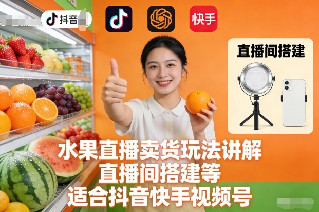 水果直播卖货玩法讲解、直播间搭建等，适合抖音快手视频号-喜学网